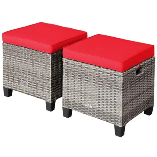 Tangkula Set of 2 Outdoor Rattan Cushioned Ottoman Seat All Weather Patio Footrest Red/Turquoise image {9}