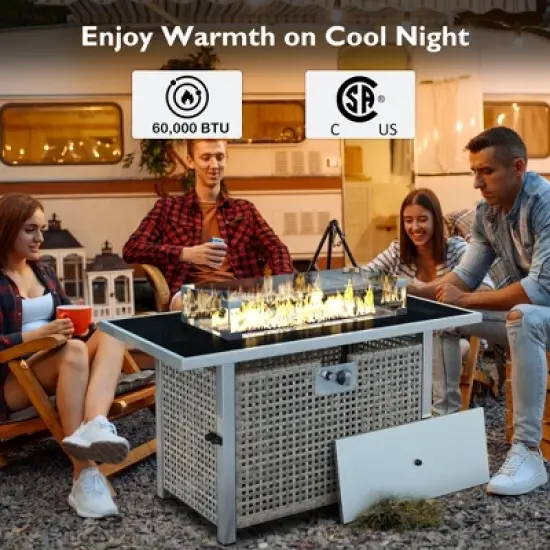 43" Propane Gas Fire Pit Table, 60000 BTU Rectangular Open Weave Wicker Fire Pit with Glass Wind Guard for Outside Patio Deck Garden Backyard - Grey image {2}