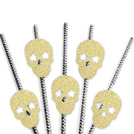 Big Dot of Happiness Gold Glitter Sugar Skull Party Straws - No-Mess Real Glitter Cut-Outs & Decorative Day of the Dead Party Paper Straws - Set of 24 image {2}