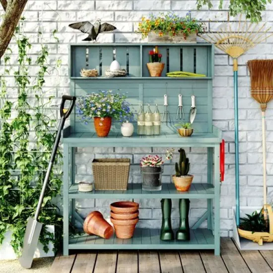 Farmhouse Potting Bench Table - 65": 4 Shelves, Side Hook, Rustic Outdoor Garden Station image {6}