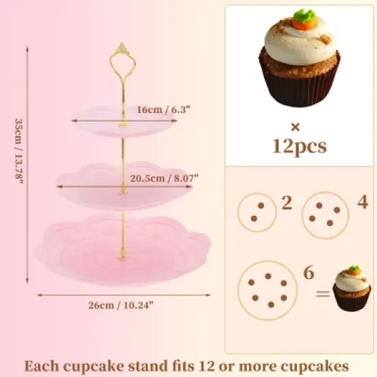 Unique Bargains 3 Tier Dessert Cupcake Stand Holder Round with Tiered Serving Tray for Donuts Fruits Pink Gold Tone image {1}