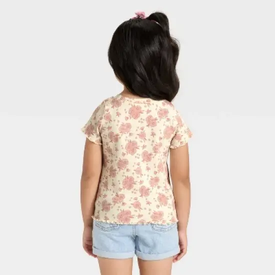Toddler Girls' Short Sleeve Floral Ribbed T-Shirt - Cat & Jack&trade; Beige 5T image {1}