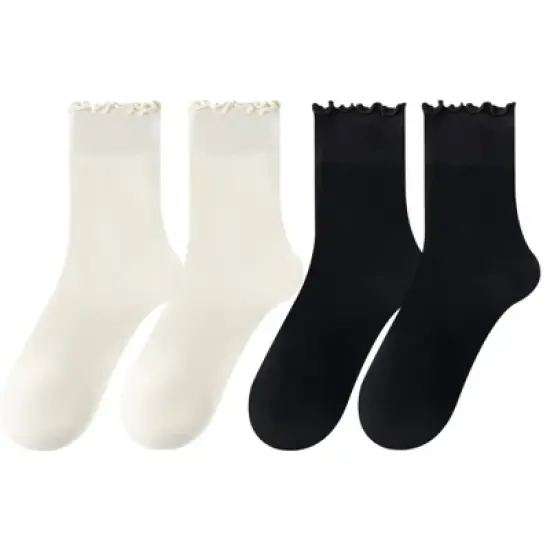 Anna-Kaci 4 Pairs Women's Ruffle Edge Crew Socks Soft Stretch Cotton Blend with High Elastic Cuffs in Assorted Solid Colors image {12}