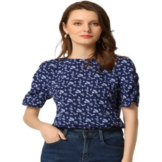 Allegra K Women's Floral Crew Neck Summer Casual Shirred Short Sleeve Blouse image {20}
