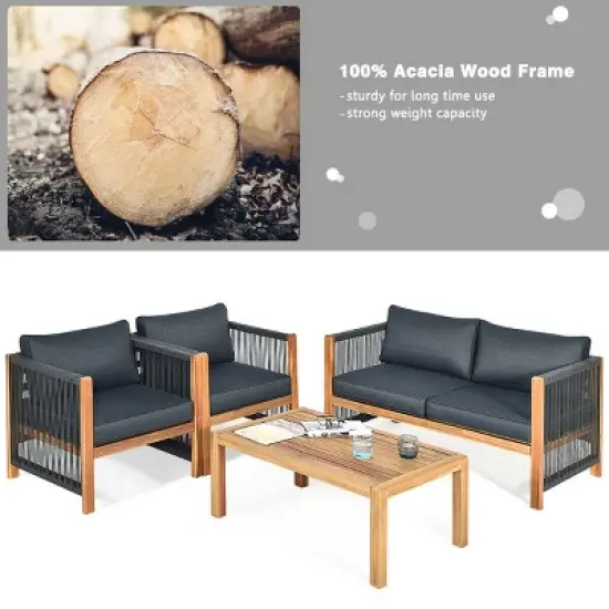 Tangkula 8PCS Acacia Wood Outdoor Patio Furniture Set Cushioned Sofa W/Nylon Rope Armrest image {7}