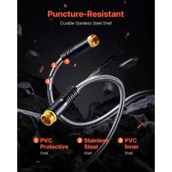 VEVOR Metal Garden Hose 50 ft, Rust Proof Stainless Steel Water Hose, Heavy Duty Backyard Hose with 10 Function Nozzle, Silver image {2}