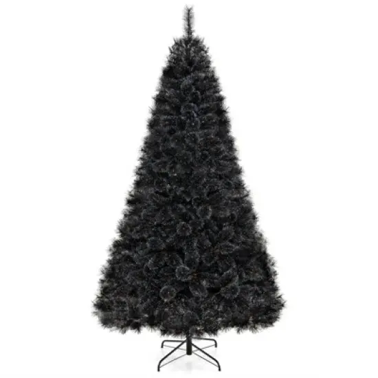 Tangkula 8/7/6 FT Black Artificial Halloween Tree Pre-lit Hinged Full Xmas Tree w/ Branch Tips Pine Needles Cold White LED Lights image {9}
