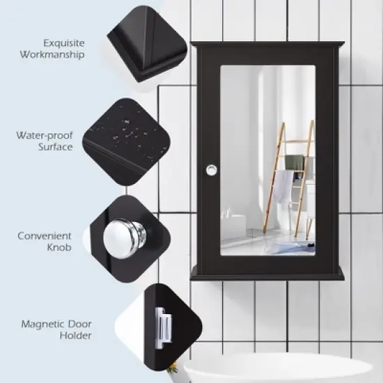 Costway Bathroom Wall Cabinet Single Mirror Door Cupboard Storage Medicine Cabinet Wood Shelf Grey\Brown image {9}