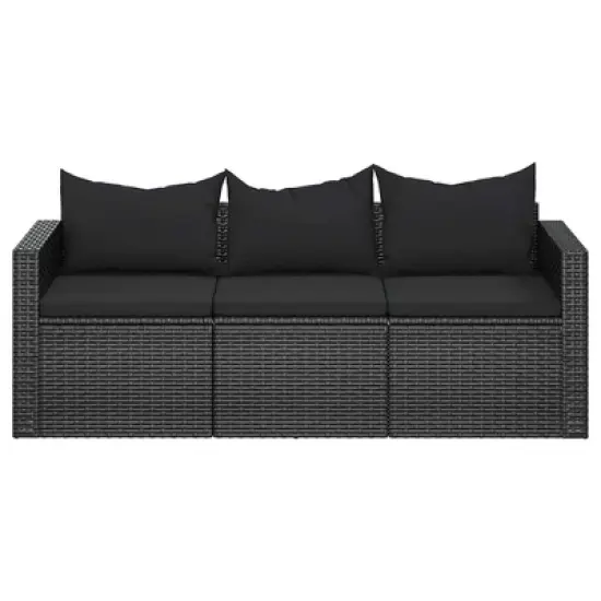 vidaXL 3-Seater Patio Sofa with Cushions Black Poly Rattan image {2}