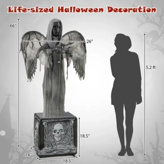 Costway 5.5ft Halloween Animatronic Decoration Animated Praying Angel Statue with Light Up Eyes & Shaking Wings image {9}