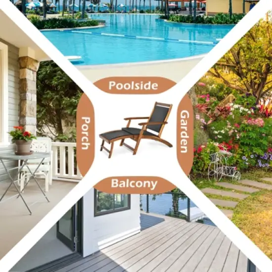 Tangkula 2PCSPatio Folding Rattan Chaise Lounge Chair Acacia Wooden Frame W/ Retractable Footrest for Poolside&Patio image {4}