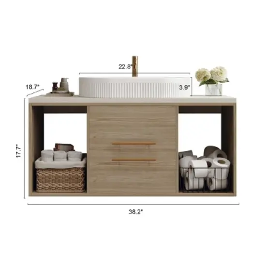 Mshliw 40 Inch Wall Mounted Bathroom Vanity with Oval Ceramic Sink, Floating Solid Wood Cabinet and Open Shelf Storage image {5}