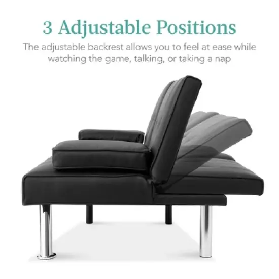 Best Choice Products Modern Faux Leather Convertible Futon Sofa w/ Removable Armrests, Metal Legs, 2 Cupholders image {1}
