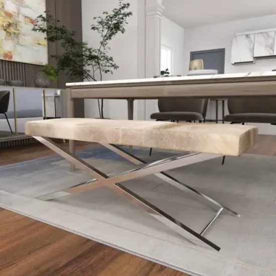 Contemporary Stainless Steel Cowhide X-Bench Beige - Olivia & May image {16}