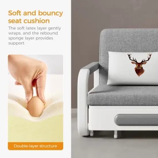 Luck Live Modern Patio Sofas 62.2in extendable pull Outdoor Sofa bed,Solid wood & White metal frame/Gray cushion with storage function image {11}