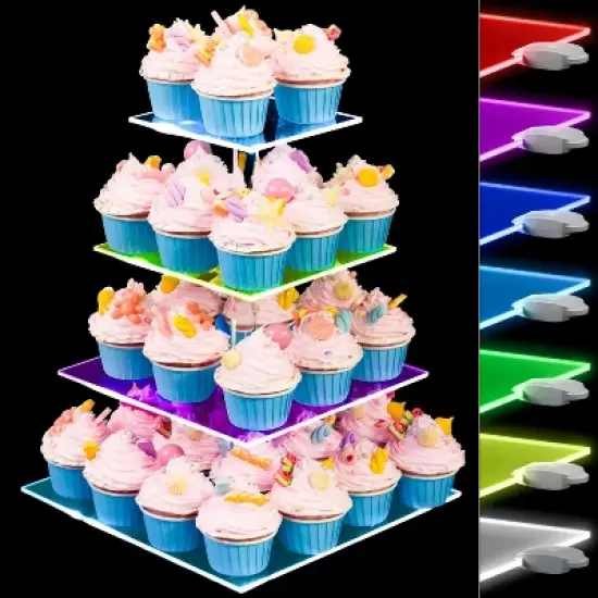 4 Tier Clear Acrylic Cupcake Stand Tower &uml;C Holds 52 Cupcakes with 7-Color Light Effects &uml;C Dessert Display for Weddings, Parties & Celebrations image {1}