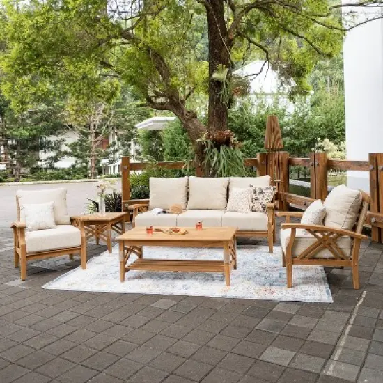 Cambridge Casual 5pc Carmel Teak Wood Outdoor Patio Conversation Set with Tan Cushions image {17}