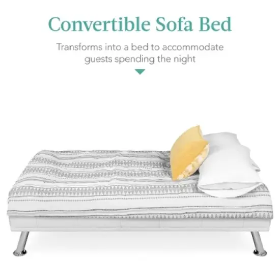 Best Choice Products Modern Faux Leather Convertible Futon Sofa w/ Removable Armrests, Metal Legs, 2 Cupholders - White image {3}