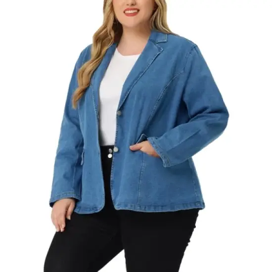 Agnes Orinda Women's Plus Size Denim Notched Lapel Color Block Stretch Blazer image {9}