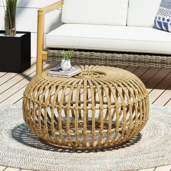 Ottawa Patio Boho Wicker Coffee Table - Light Brown - Christopher Knight Home: Hand-Woven, Iron Frame, Water-Resistant image {1}