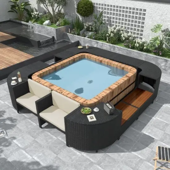 105 in Rattan Spa Surround Sofa Set with Waterproof Cushions and Storage Cabinets, Outdoor Sectional Sofa for Hot Tub & Backyard-Cuddlewood image {7}
