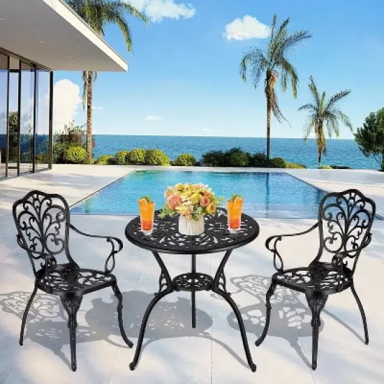 3-Piece Outdoor Bistro Set, Rust-Resistant Cast Aluminum Table and Chairs with Umbrella Hole image {7}
