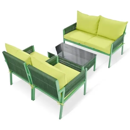 FIONECA 4-Piece Rope Patio Furniture Set with Tempered Glass Table, Outdoor Conversation Set with Thick Cushions, Fluorescent Yellow & Green image {11}