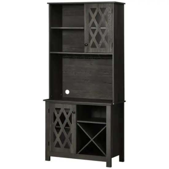 HOMCOM 72" Kitchen Pantry, Buffet with Hutch, Cupboard for Microwave, with 2 Door Cabinet, Wine Glasses Rack and 12-Bottle Wine Rack, Dark Grey image {3}