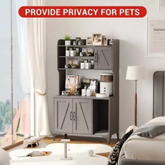 COZONY 51" Cat Litter Box Enclosure with 4 Shelves & Storage Cabinet &mdash; Wooden Hidden Cat House Furniture with Scratch Pad for Indoor Washroom image {5}