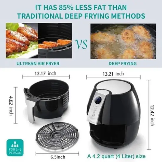 Ultrean Air Fryer, 4.2 Quart Electric Hot Airfryer Oven Oilless Cooker for Quick Easy Meals, Nonstick Frying Pot, UL Certified,1500w, Black image {4}