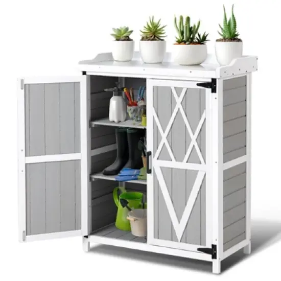Outdoor Storage Cabinet, Potting Bench - Waterproof Wooden Garden Work Station with Galvanized Tabletop, Adjustable Shelves for Backyard/Patio/Lawn image {8}