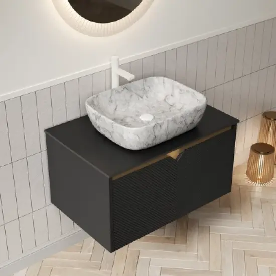 Bathroom Vanity&Sink, Floating Plywood Storage Cabinet,  Marble Pattern Ceramic Vessel Basin&Carrara White Sintered Stone Top image {1}