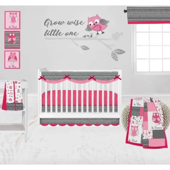 Bacati - Owls Pink/Gray Girls Cotton Long Crib Rail Guard Cover image {5}