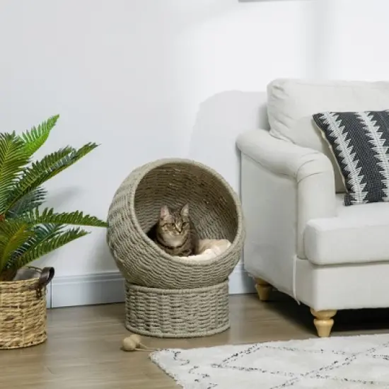 PawHut Elevated Cat Basket Bed with Cushion, Cat Egg Chair Shape, Cute Cat Condo with Stand for Indoor Cats, 20" Dia. x 23.5" H, Herbal Grey image {1}