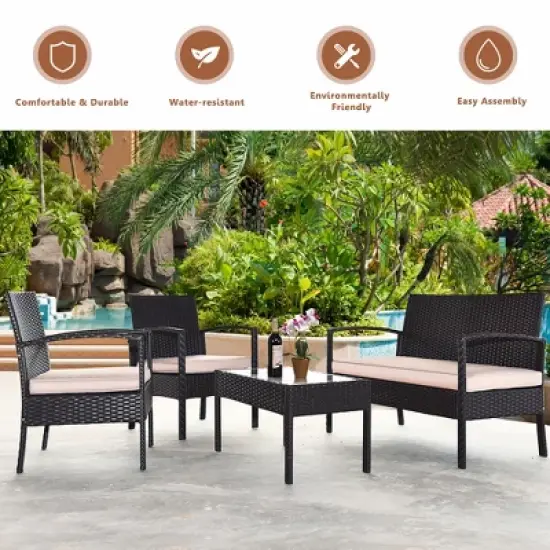 Costway 4PCS Patio Rattan Conversation Set Sectional Cushioned Seat image {6}