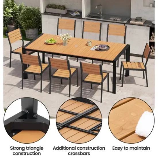 Crestlive Products Outdoor Dining Table for 4-6 People Patio Rectangle Table, Aluminum Frame with Durable Wood-Like Tabletop and Umbrella Hole Brown image {2}