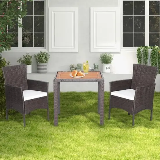 Costway 3PCS Patio Wicker Dining Set Acacia Wood Table Top with Cushioned Chairs Garden image {3}