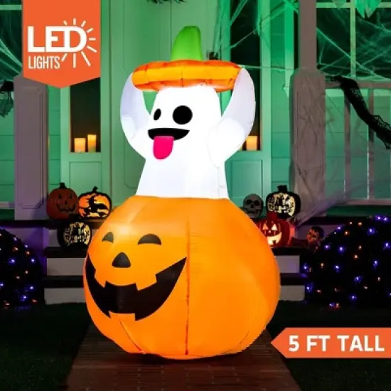 Joyfy 5 FT Halloween Inflatable Outdoor Decorations, Inflatable Ghost in Pumpkin with LEDs for Halloween Party Yard, Garden, Lawn Outdoor Decoration image {2}