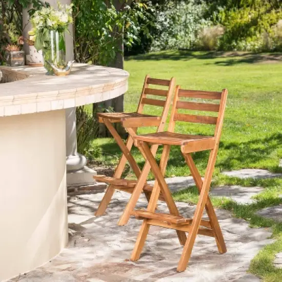 Tundra Set of 2 Acacia Wood Folding Patio Bar Chair - Natural - Christopher Knight Home image {1}