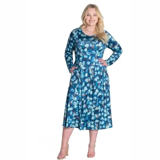 Womens Plus Size Blue Brushstroke Print Long Sleeve Pleated Midi Pocket Dress image {4}