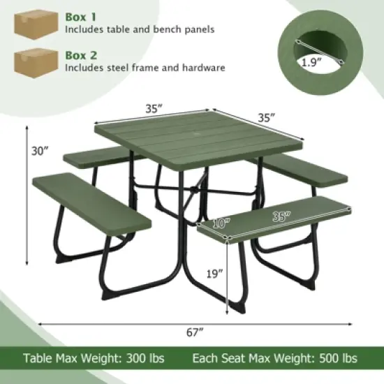 Tangkula 8-person Square Picnic Table Bench Set Outdoor Picnic Table with 4 Benches & Umbrella Hole 500 LBS Capacity Black/Grey/White/Green image {8}