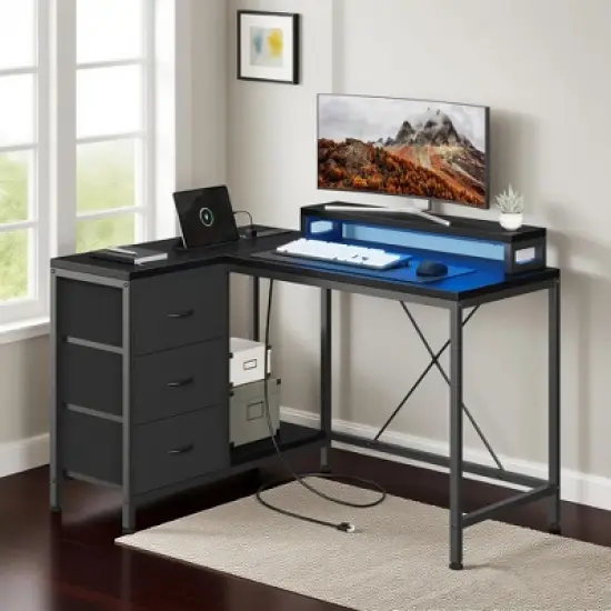 ODK L Shaped Computer Desk with Drawers Shelves Corner Gaming Desk Home Office Workstation Modern Ergonomic Design image {9}