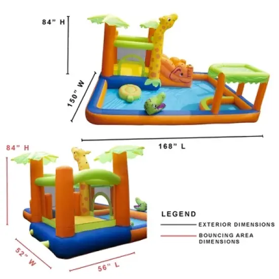 Banzai Safari Splash Water Park Kids Inflatable Water Slide, Splash Pad, Duck Pond, & Bounce House w/ Water Cannon, Giraffe Sprinkler, & Blower Motor image {2}