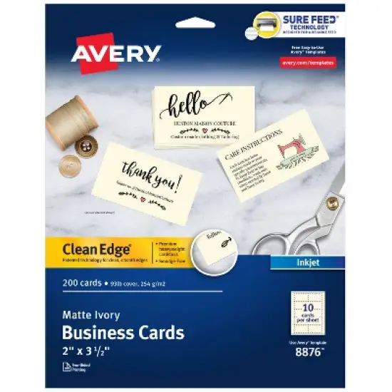 Avery Clean Edge Printable Business Cards with Sure Feed Technology, 2" x 3.5", Ivory, 200 Blank Cards for Inkjet Printers (08876) image {9}