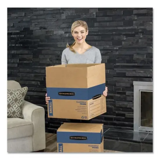 Bankers Box SmoothMove Prime Moving/Storage Boxes, Hinged Lid, Regular Slotted Container, Small, 12" x 16" x 12", Brown/Blue, 10/Carton image {3}