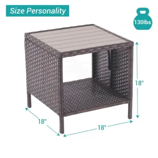 Sonkuki Outdoor Patio Furniture, Square PE Rattan Wicker Side Table with Storage Shelf image {3}
