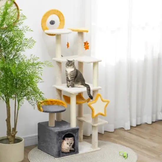 PawHut Cat Tree, 63 Inch Moon and Star Themed Cat Tower with Scratching Post, Hammock, Condo, Bed, Scratching Board & Cat Toys, Beige image {1}