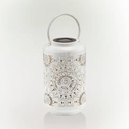 Outdoor Metal Lace Cutout Lantern with Rotating LED Lights Antique White - Alpine Corporation image {1}