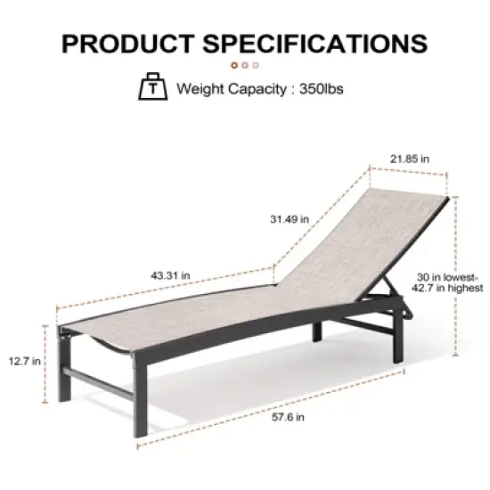 Crestlive Products Chaise Lounge Chair Outdoor Set of 2 Adjustable 5 Positions Pool Tanning Recliner Outdoor Lounge Furniture image {2}