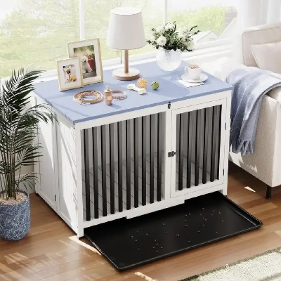 39.5in Portable Foldable Dog Kennel Crate Furniture End Table,Indoor Cage with Tray and Iron Door-Frame for Large/Medium Dog image {2}